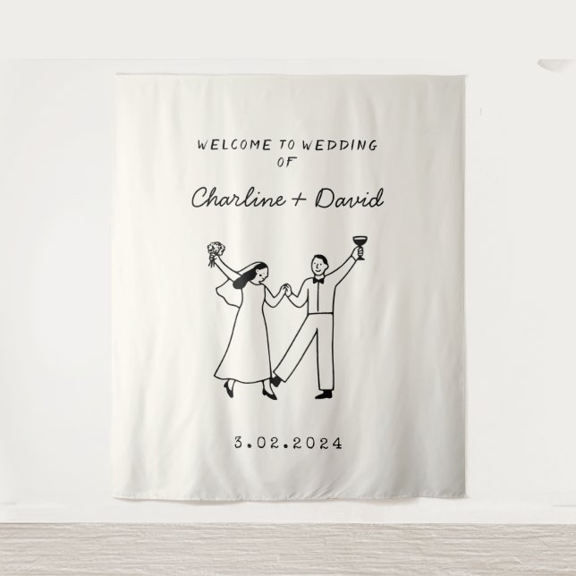 Hand Drawn Scribble Wedding Welcome Tapestry (Front)