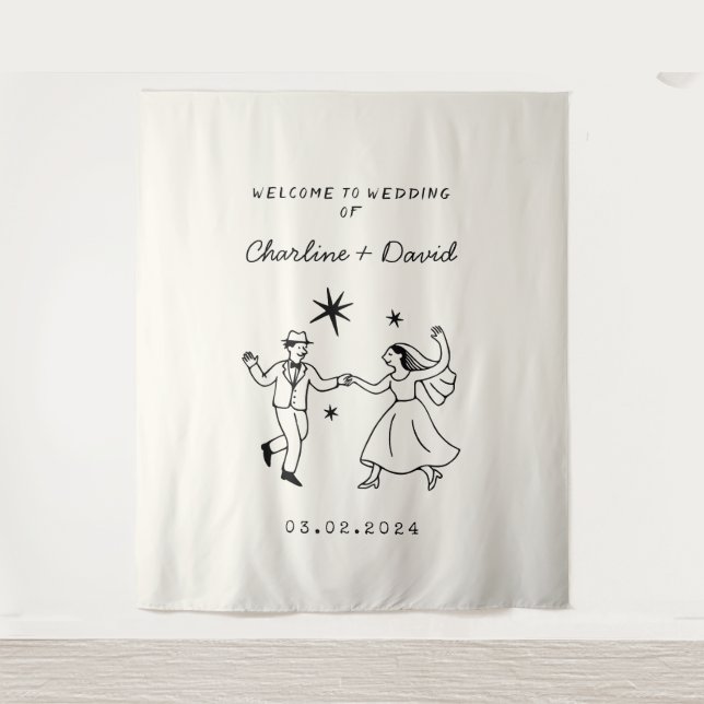 Hand Drawn Scribble Wedding Welcome Tapestry (Front)
