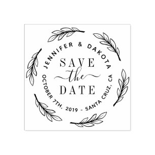 Hand Drawn Script & Botanical Wreath Save The Date Rubber Stamp