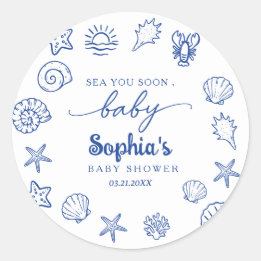 Hand drawn sea you soon, under the sea baby shower classic round sticker