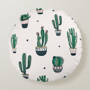Hand drawn seamless pattern with cacti and succule round pillow
