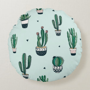 Hand drawn seamless pattern with cacti and succule round pillow