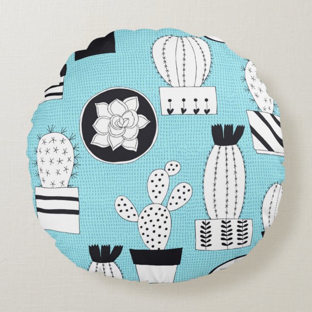 Hand drawn seamless pattern with cactus and succul round pillow (Front)