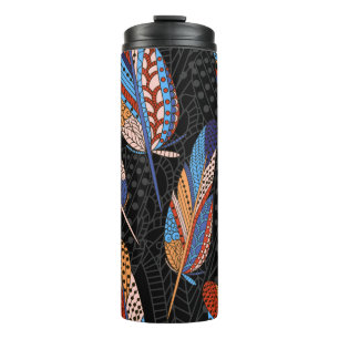 Hand drawn seamless pattern with feathers. Colorfu Thermal Tumbler
