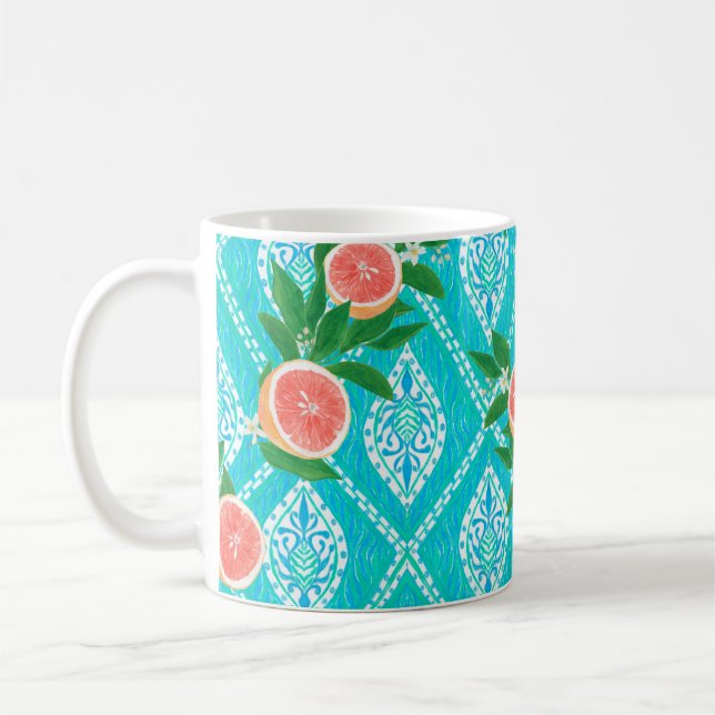 Hand drawn seamless pattern with grapefruit leaves coffee mug (Left)