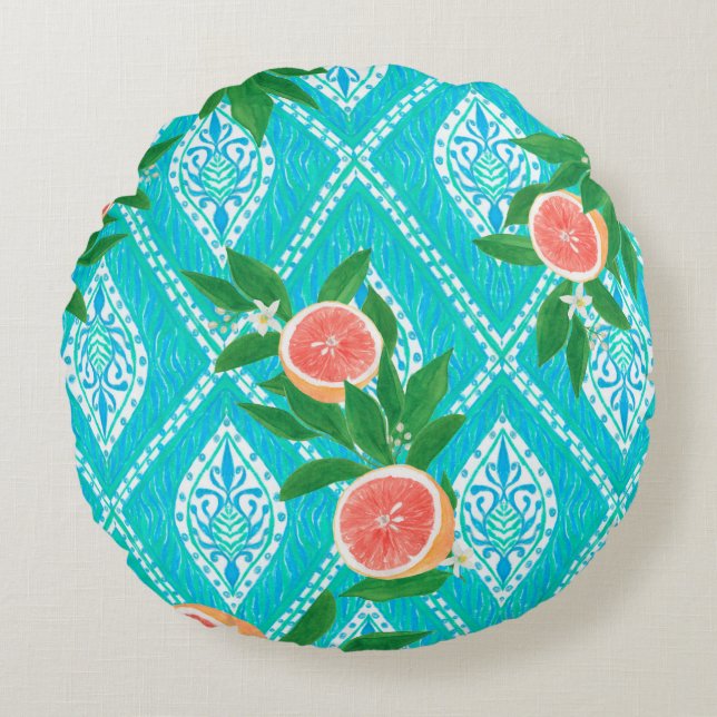 Hand drawn seamless pattern with grapefruit leaves round pillow (Front)