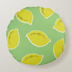 Hand drawn seamless pattern with lemons in yellow, round pillow