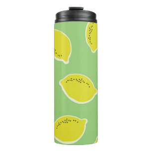 Hand drawn seamless pattern with lemons in yellow, thermal tumbler