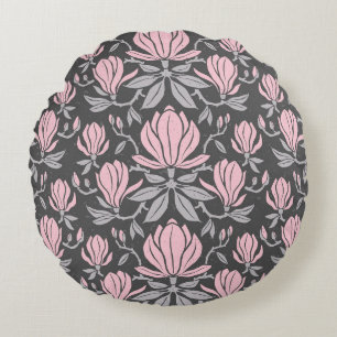 Hand-drawn seamless pattern with magnolia flowers. round pillow