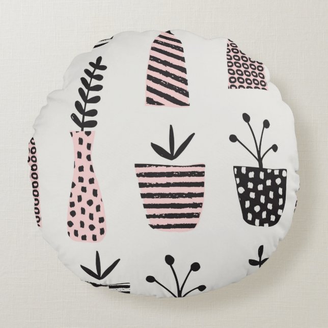 Hand drawn seamless pattern with plants in black,c round pillow (Front)