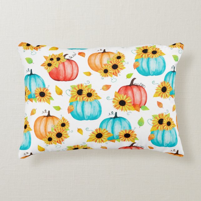 Hand drawn seamless pattern with sunflowers pumpki accent pillow (Front)