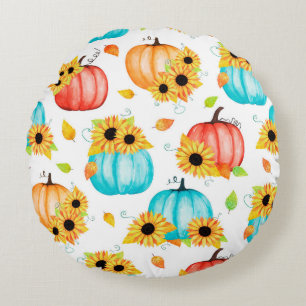 Hand drawn seamless pattern with sunflowers pumpki round pillow