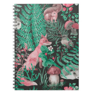 Hand drawn seamless pattern with watercolor forest notebook