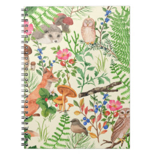 Hand drawn seamless pattern with watercolor forest notebook
