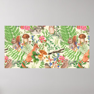 Hand drawn seamless pattern with watercolor forest poster
