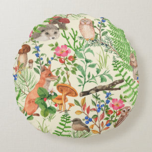 Hand drawn seamless pattern with watercolor forest round pillow