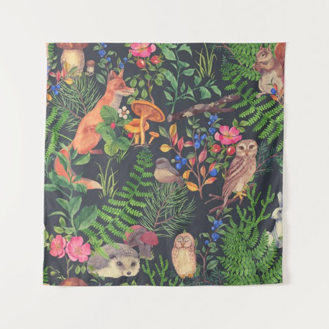 Hand drawn seamless pattern with watercolor forest tapestry (Front)