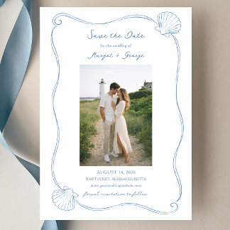 Hand Drawn Seashell Simple Blue Coastal Wedding Save The Date