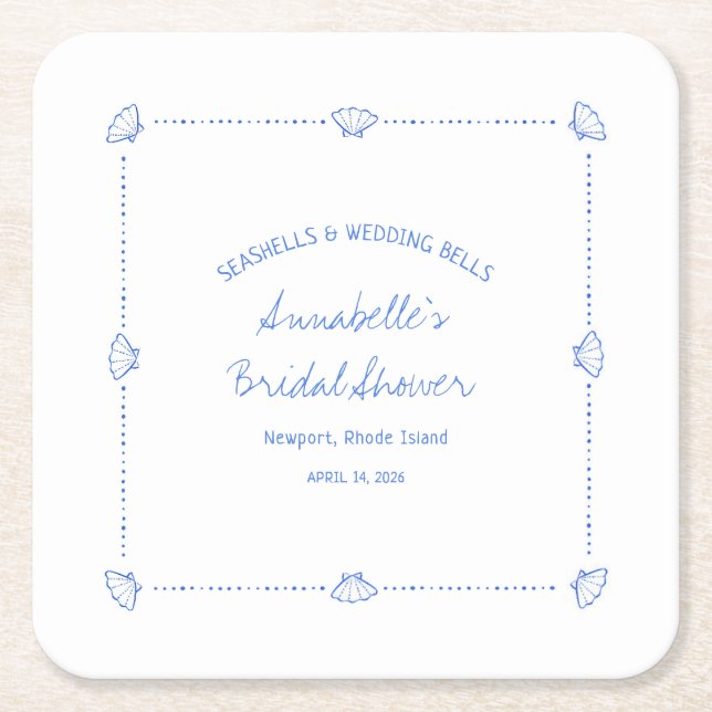 Hand Drawn Seashells & Wedding Bells Bridal Shower Square Paper Coaster (Front)