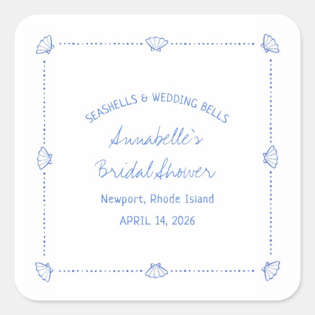 Hand Drawn Seashells & Wedding Bells Bridal Shower Square Sticker (Front)