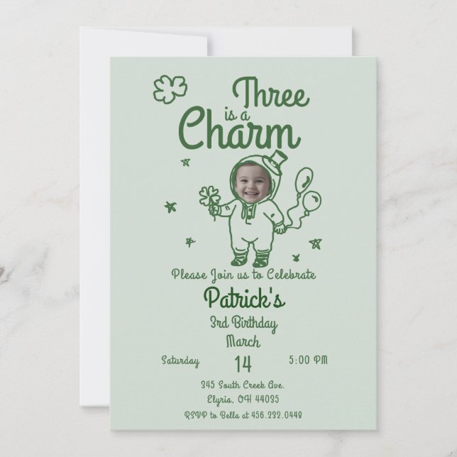 Hand Drawn Shamrock Any Age with Photo Birthday Invitation (Front)