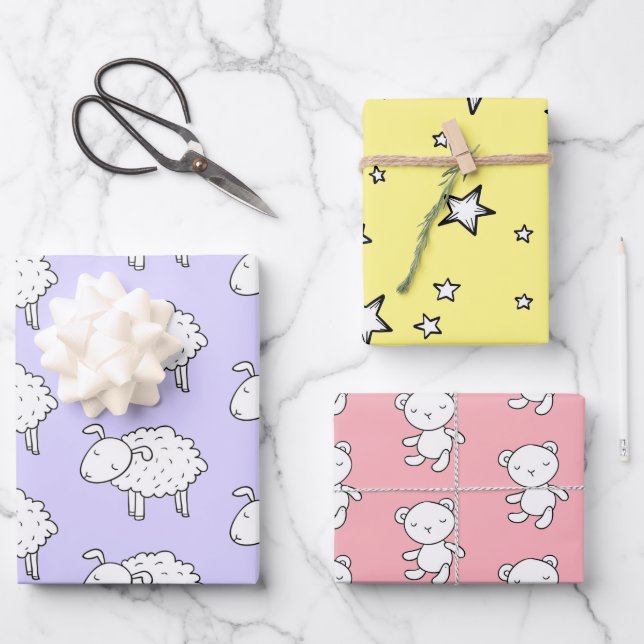 HAND DRAWN SHEEP STAR AND TEDDY BEAR GIFT WRAP (Front)