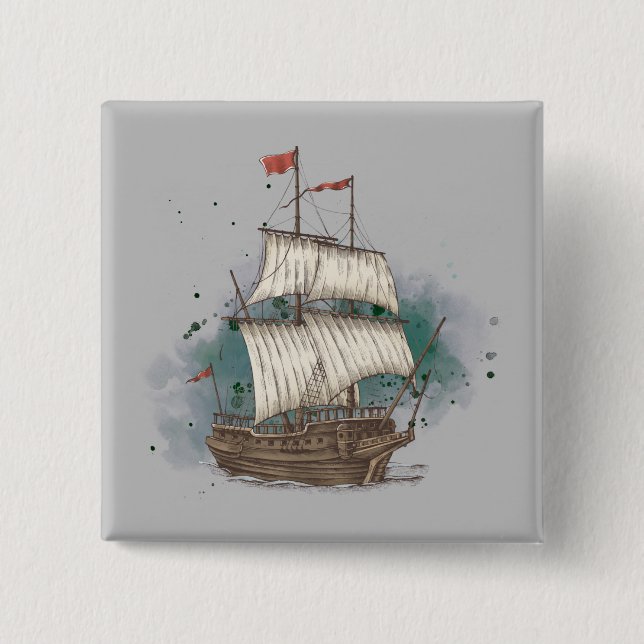 Hand Drawn Ship In Bow Wave On Splash Background   2 Inch Square Button (Front)