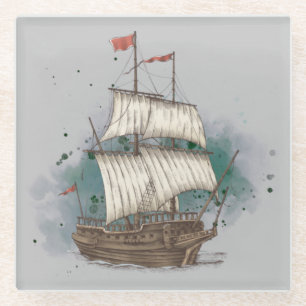 Hand Drawn Ship In Bow Wave On Splash Background Glass Coaster
