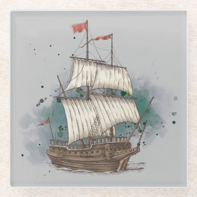 Hand Drawn Ship In Bow Wave On Splash Background   Glass Coaster (Front)