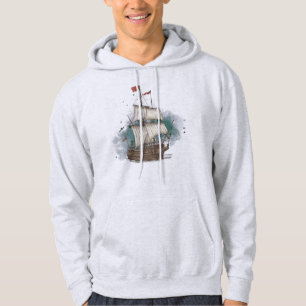 Hand Drawn Ship In Bow Wave On Splash Background   Hoodie