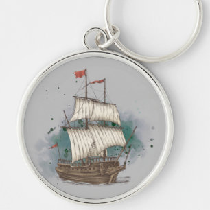 Hand Drawn Ship In Bow Wave On Splash Background Keychain