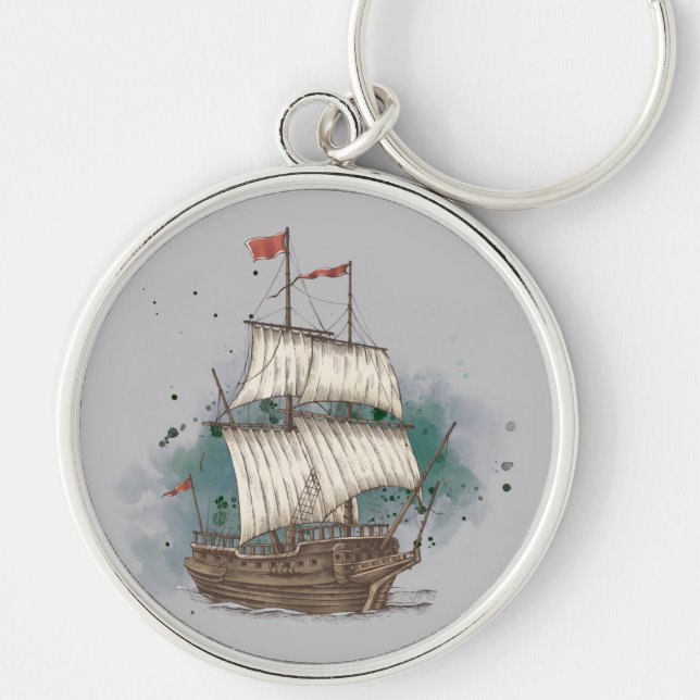 Hand Drawn Ship In Bow Wave On Splash Background   Keychain (Front)