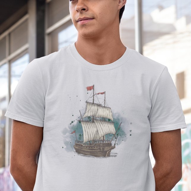 Hand Drawn Ship In Bow Wave On Splash Background   T-Shirt (Hand Drawn Ship In Bow Wave On Splash Background T-Shirt)