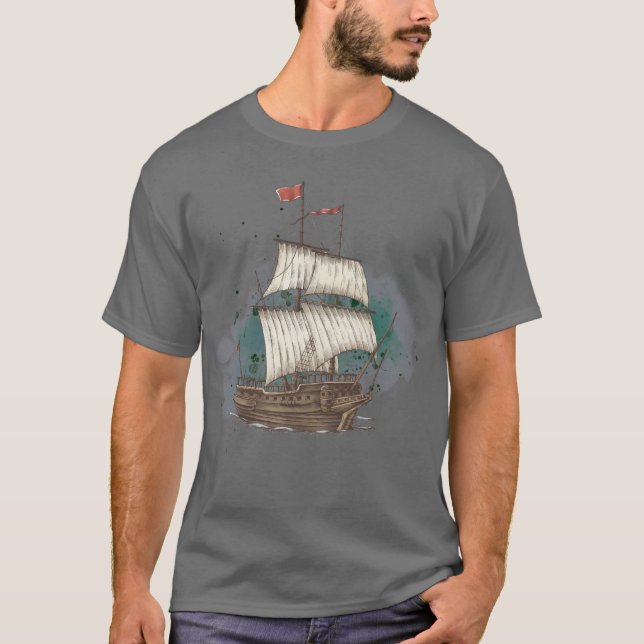 Hand Drawn Ship In Bow Wave On Splash Background   T-Shirt (Front)