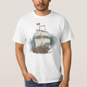 Hand Drawn Ship In Bow Wave On Splash Background T-Shirt