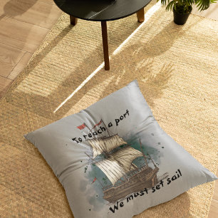 Hand Drawn Ship In Bow Wave On Splash Background T Throw Pillow