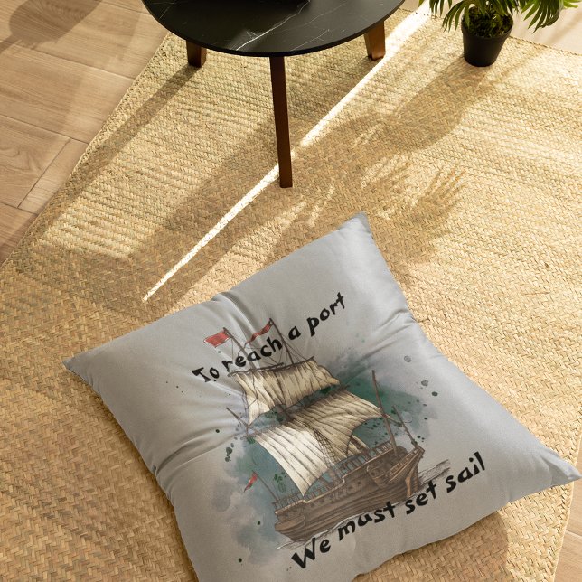 Hand Drawn Ship In Bow Wave On Splash Background T Throw Pillow (Creator Uploaded)