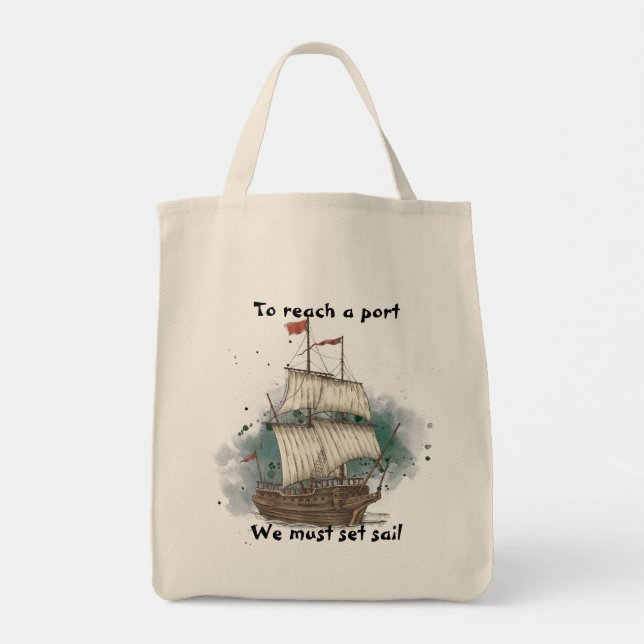 Hand Drawn Ship In Bow Wave On Splash Background   Tote Bag (Back)
