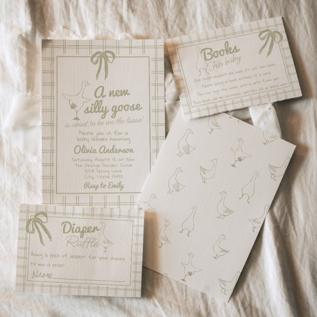 Hand Drawn Silly Goose Neutral Gingham Baby Shower Invitation (Creator Uploaded)