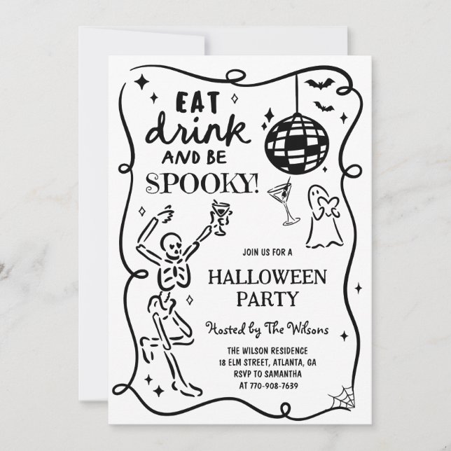 Hand Drawn Skeleton Spooky Halloween Invitation (Front)