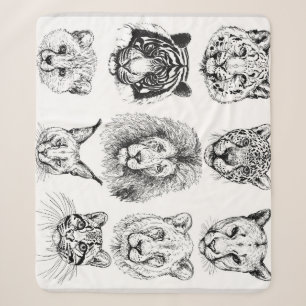 Hand Drawn Sketch Animal Portraits Sherpa Blanket