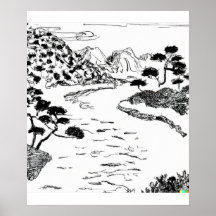  hand drawn sketch of flowing river in Ukiyo-E art