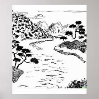  hand drawn sketch of flowing river in Ukiyo-E art Poster