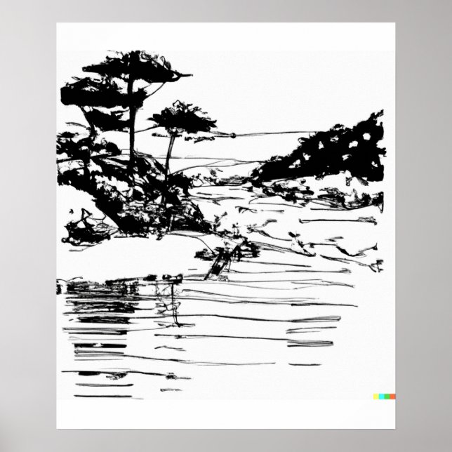 hand drawn sketch of flowing river in Ukiyo-E art Poster (Front)
