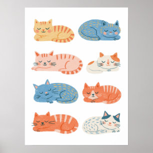 Hand-Drawn Sleepy Cats Clip Art Sheet   Cute Cat  Poster