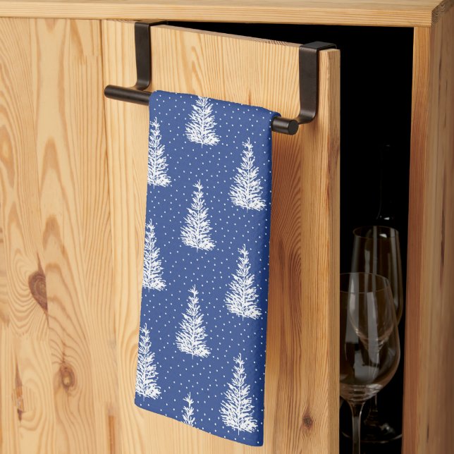 Hand Drawn Snow Covered Tree Pattern Indigo Kitchen Towel (Thirds Fold)