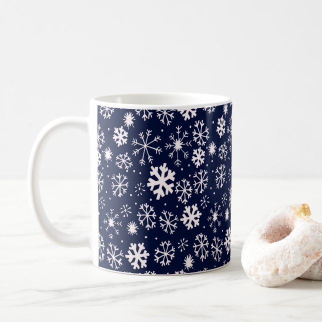 Hand Drawn Snowflake Blizzard With Navy Classic Bl Coffee Mug (With Donut)