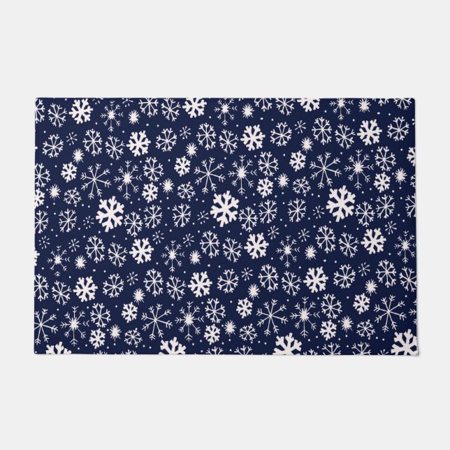 Hand Drawn Snowflake Blizzard With Navy Classic Bl Doormat (Front)