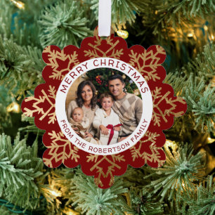 Hand Drawn Snowflake Gold Red Christmas Photo Ornament Card