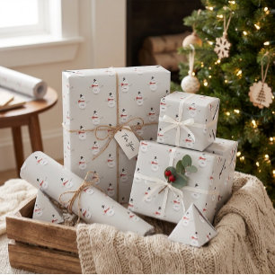 Hand-Drawn Snowman on Grey Winter Wrapping Paper